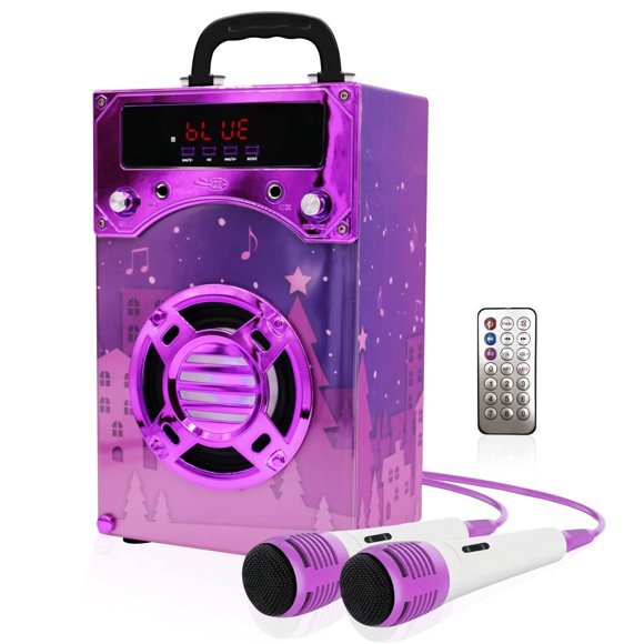 IndeCool Kids Bluetooth Karaoke Speaker with 2 Microphones, Remote Control Speaker Portable Karaoke Machine for Kids Adult Party Gift (Purp