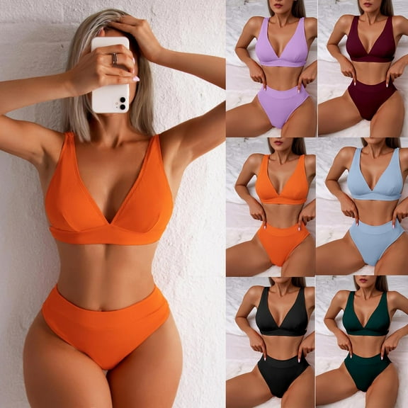 Jacenvly 2024 Bikinis for Juniors 2 Piece Breathable Women's Bikini Solid Set Swimsuit Two Piece Filled Bra Swimwear Beachwear Multicolor New Style Beach Bikini Wrap Black