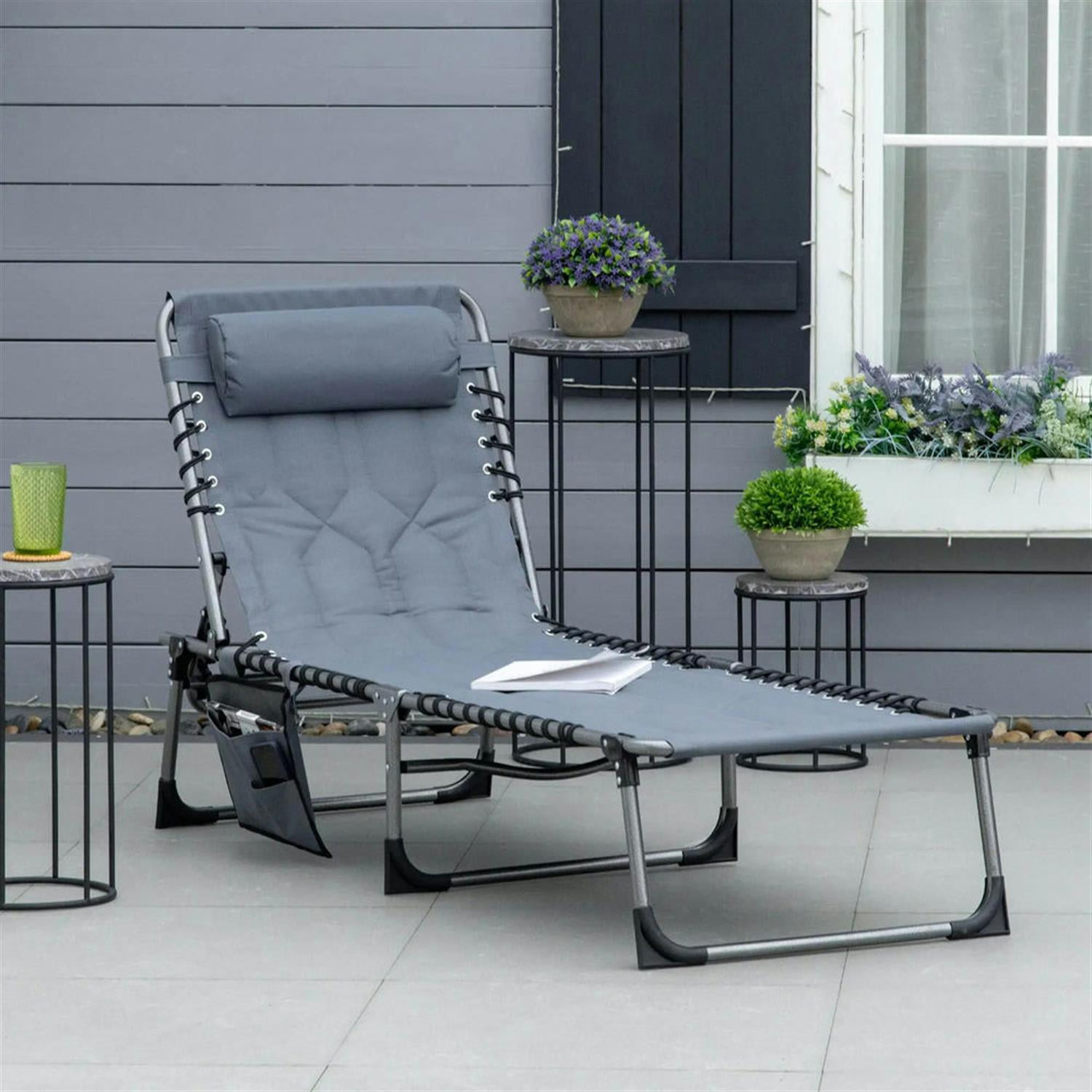 Demi Bonn Outdoor Padded Reclining Chaise Lounge, 6-Level Folding Beach Relaxation Chair with Headrest for Patio Pool Sunbathing, Gray