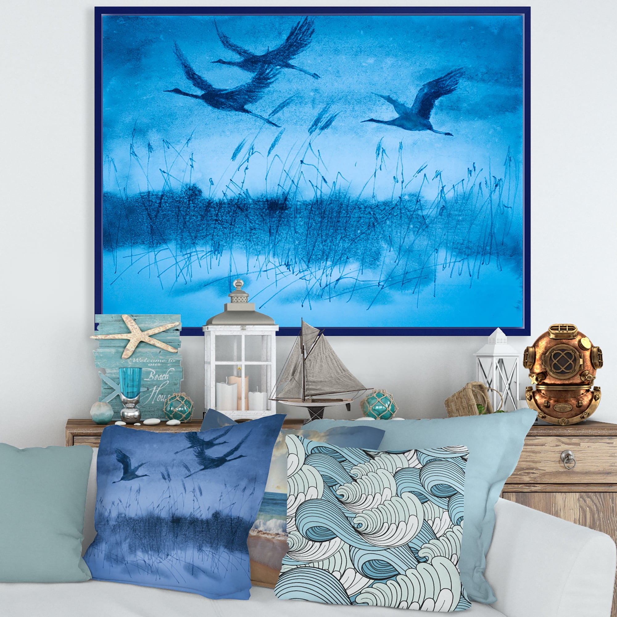 Designart 'Cranes In Flight During Blue Evening Light' Traditional Framed Canvas Wall Art Print