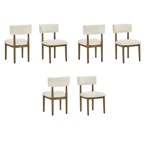 Pemberly Row Set of 6 Walnut Oak Wood Dining Side Chairs w/ Beige Sherpa Fabric