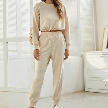 

Pajamas For Women Plus Size Jioakfa Women S Long Sleeve Sports Tops Set Elastic Waist Long Pants Pajamas Sets Beige Xxl