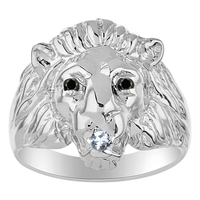 RYLOS Rings Sterling Silver Lion Head Ring Black Diamonds Eyes & Gemstone Mouth Fun Designer Rings Aquamarine Jewelry Size 8