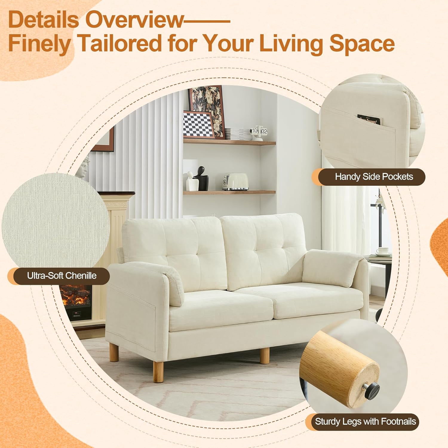 65" Chenille Loveseat Sofa, Modern 2-Seater Love Seat Couch with Armrest Pillows,Upholstered Tufted Loveseat Couches for Living Room Bedroom, Beige