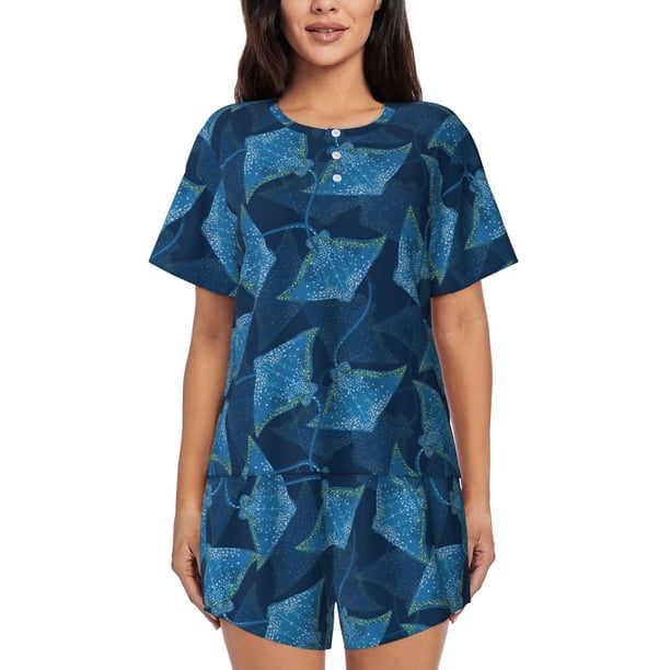 Balery Stingray Conjunto de Pijama para Mujer con Estampado, Dos Piezas de Manga Corta y Shorts, Ropa de Dormir Suave con Cuello Redondo y Bolsillos-Small