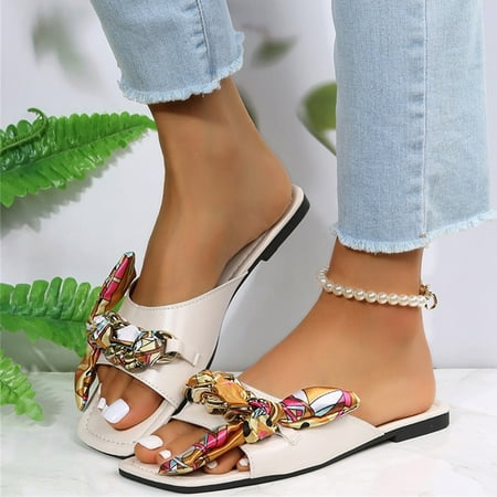 

Fashion Summer Women Slippers Ribbon Ring Fish Mouth Flat Bottom Comfortable Casual Beach Black 9