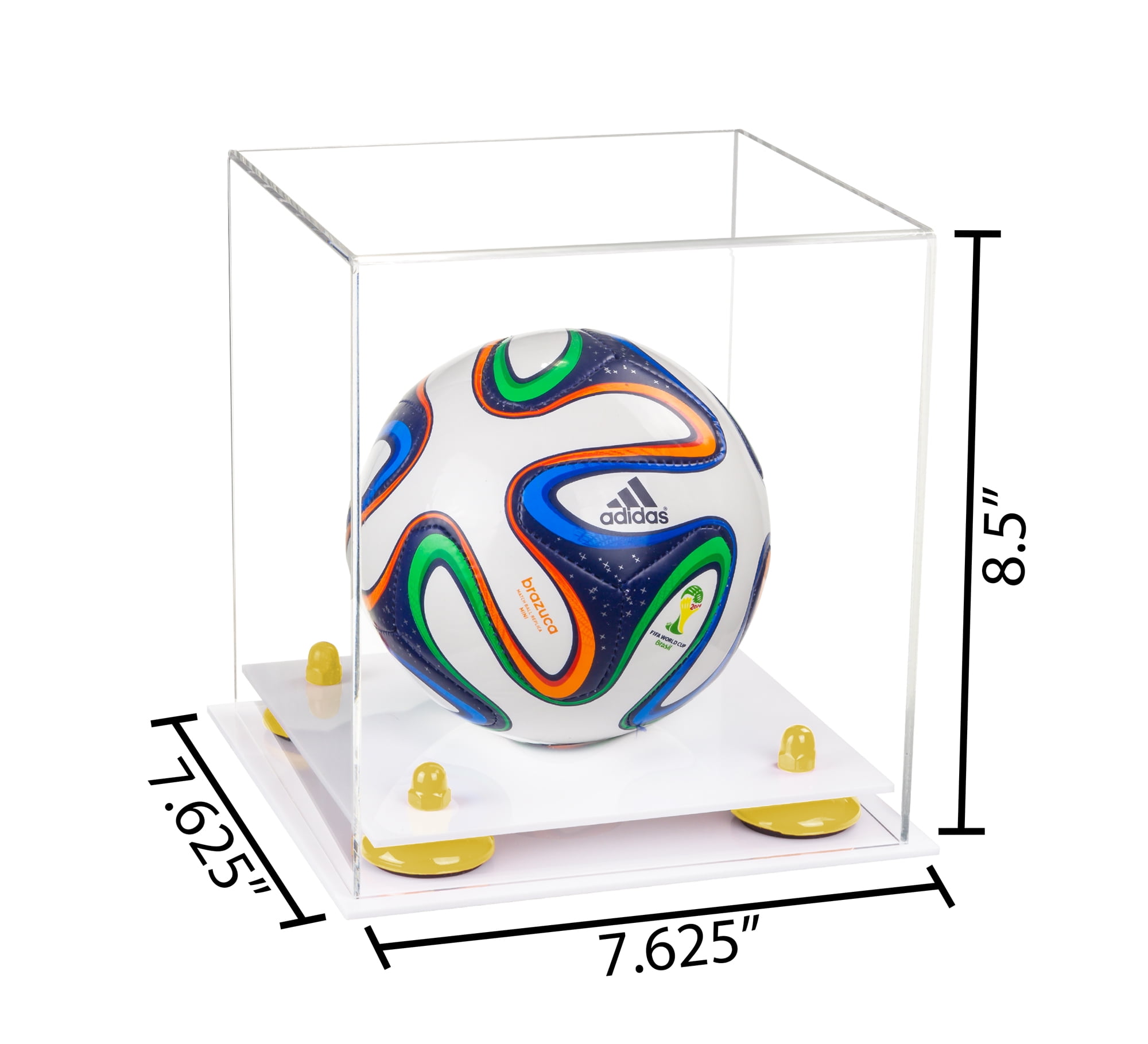Clear Acrylic Mini - Miniature (not Full Size) Soccer Ball Display Case  with Yellow Risers and White Base (A015-YR) 