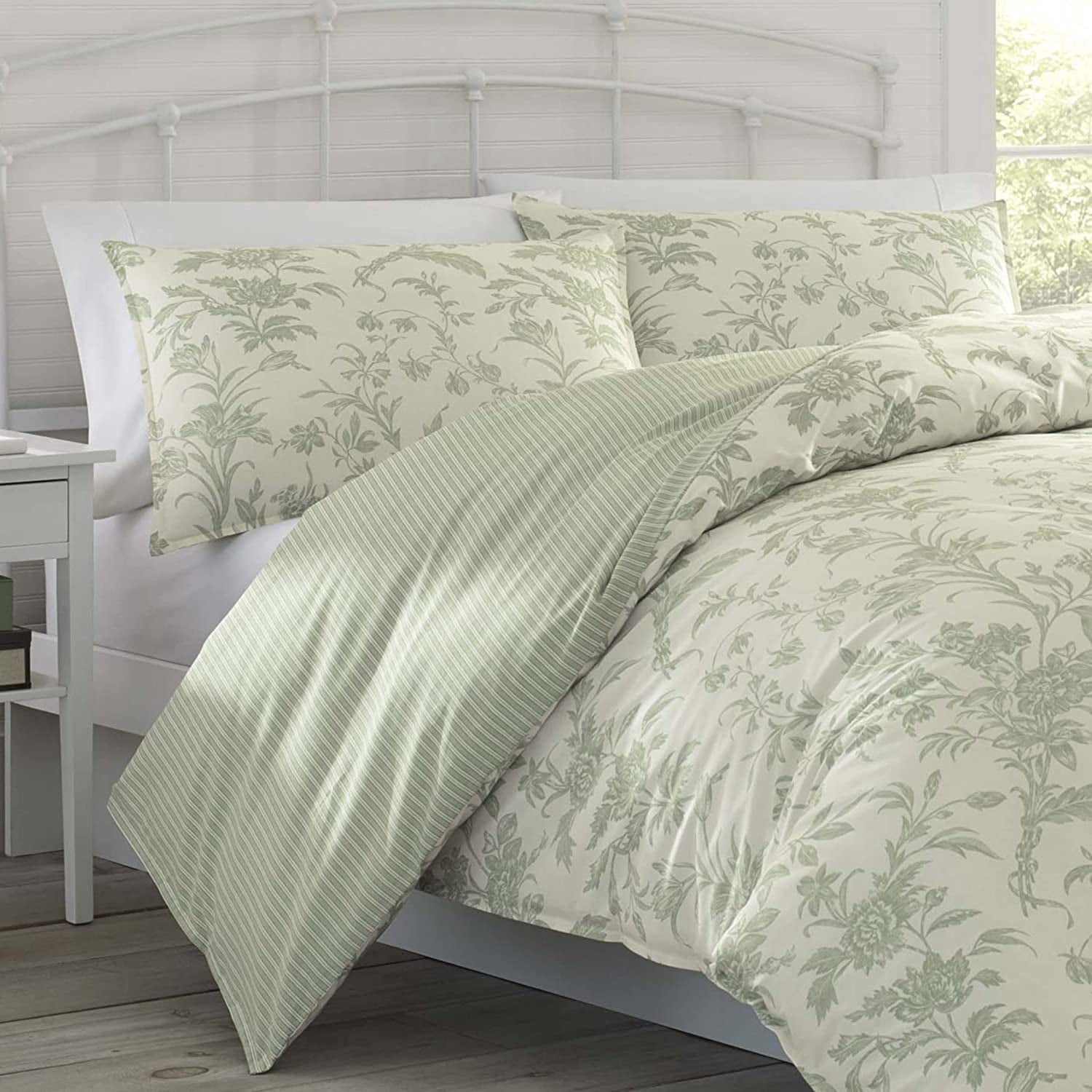 Laura Ashley Home - King Duvet Cover Set, Reversible Cotton Bedding with Matching Shams, Lightweight Home Decor for All Seasons (Natalie Sage,3 pcs, King) King (3-Piece)