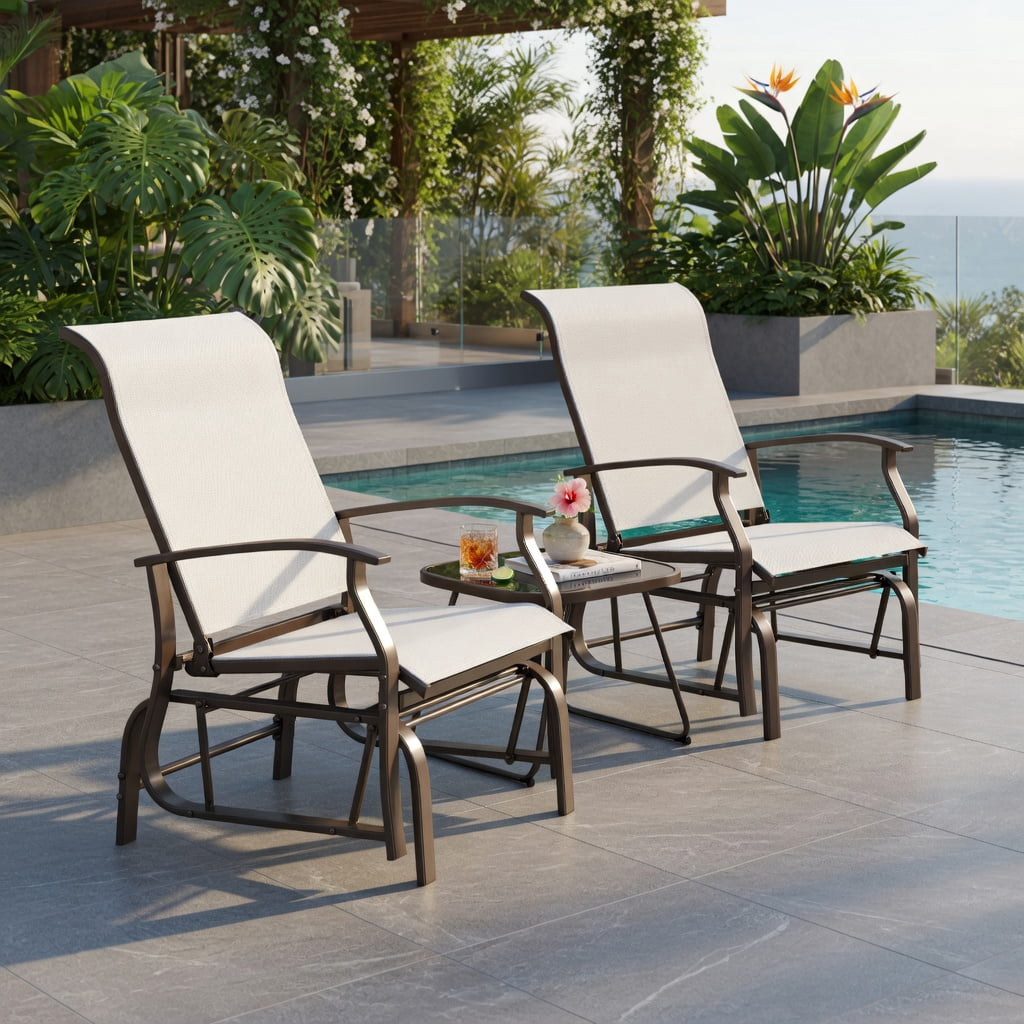 Hommoo 2-Piece Outdoor Glider Chair Set, Ergonomic Fabric & Metal Rocking Chairs for Patio, Porch, Backyard, Breathable Seat, Anti-Slip Feet, Beige