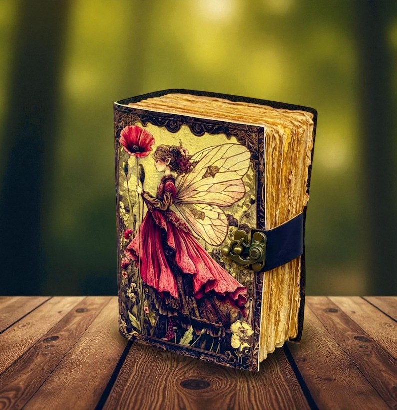 Handmade Leather Fairy Journal, 5x7” Vintage Notebook with 200 Handmade Pages, Antique Clasp – Fantasy Writing Diary & Gift