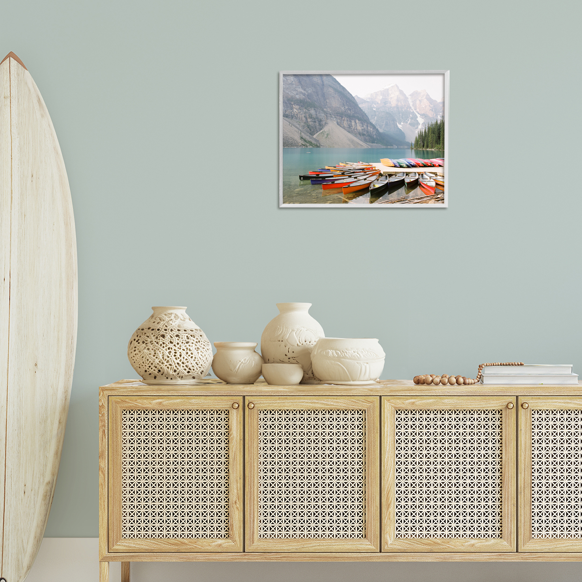 Stupell Industries Cliffside Canoe Dock Landscape Photography White Framed Art Print Wall Art, 20 x 16