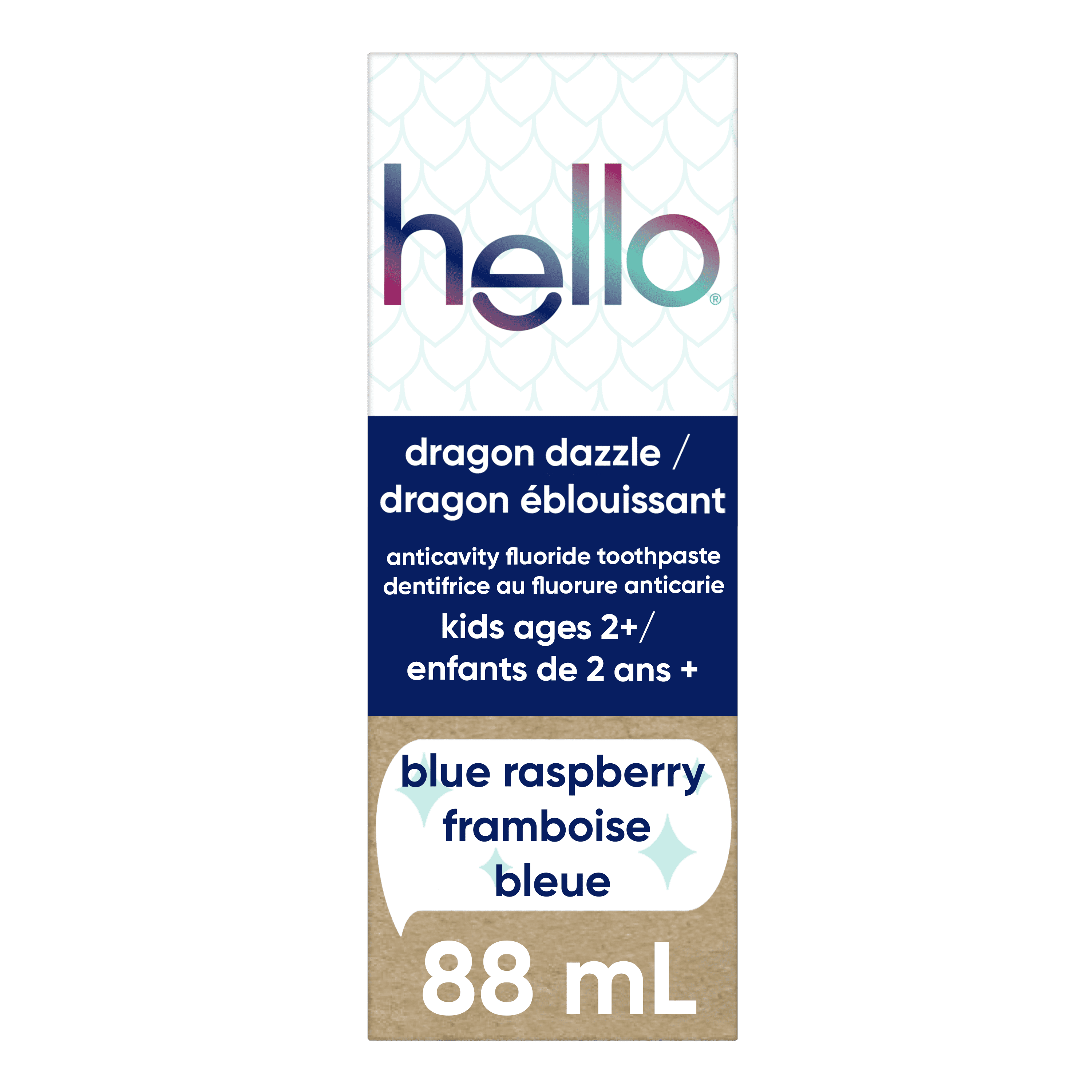 Dentifrice pour enfants Hello Dragon Dazzle au fluorure, dentifrice à la framboise bleue, tube de 199 g