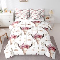 Manfei Farm Bull Skull 7-Piece Twin Bedding Sets,Retro Aztec Geometric Bedding Comforter Set,Pink Rustic Flower Sheet Sets For Teen Boy,Ultra Soft Home Decor