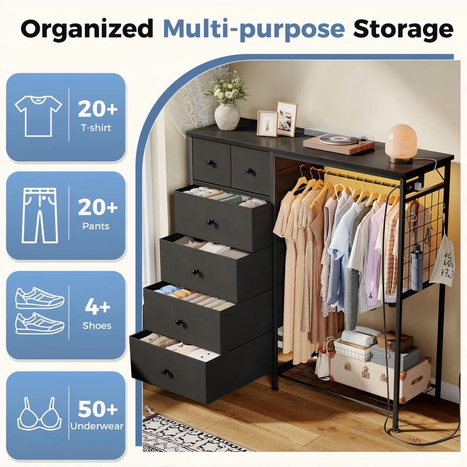 Kelno 6 Drawer Dresser with Hanging Rack LED Lights Charging Station Fabric Closet Organizer Storage Tower, Black