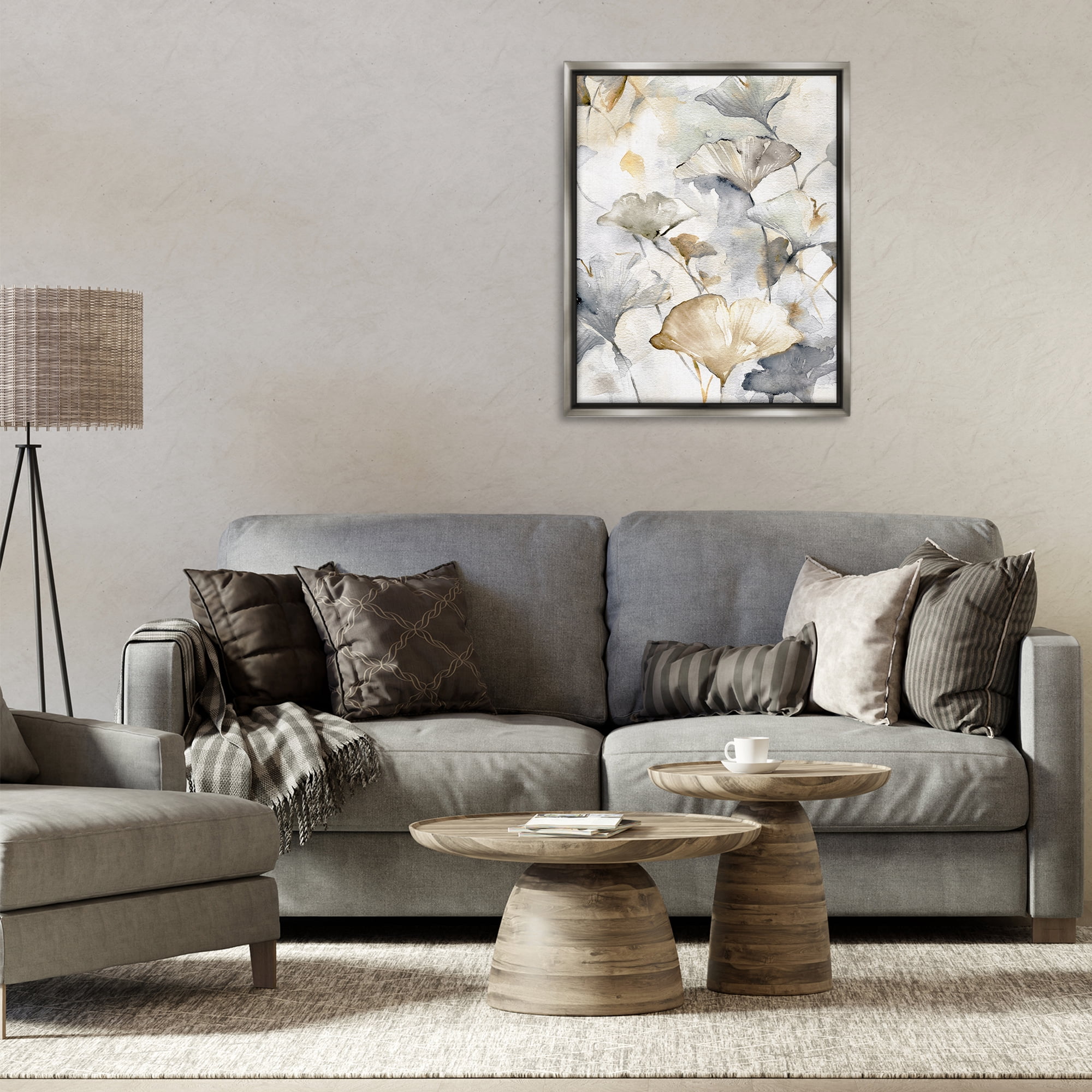 Stupell Industries Beige & Grey Gingkoes Plants & Flowers Painting Gray Floater Framed Canvas Art Print Wall Art, 25 x 31