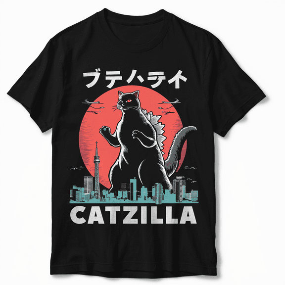 Black Japanese Catzilla Sunset T-Shirt - Classic Fit, Crew Neck