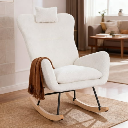 Tappio Upholstered Rocking Chair, Nursery Glider Rocker Rocking Accent Chair Padded Seat with High Backrest, Accent Armchair Comfy Side Chair for Living Room, Bedroom, Office, White