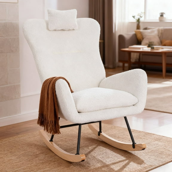 Tappio Upholstered Rocking Chair, Nursery Glider Rocker Rocking Accent Chair Padded Seat with High Backrest, Accent Armchair Comfy Side Chair for Living Room, Bedroom, Office, White