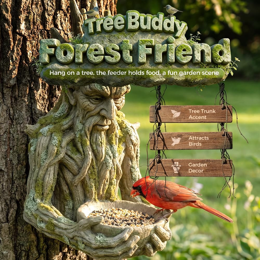 Outdoor Tree Face Bird Feeder Sculpture, Waterproof Tree-Mounted Resin Bird Feeder, Forest Guardian Style Garden Yard Art Decor for Backyard Wildlife