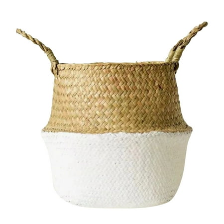 

soikfihs Handle With Handle Collapsible Straw Plaited Pushgrass Storage Basket Pot Basin Plaited Rattan Basket