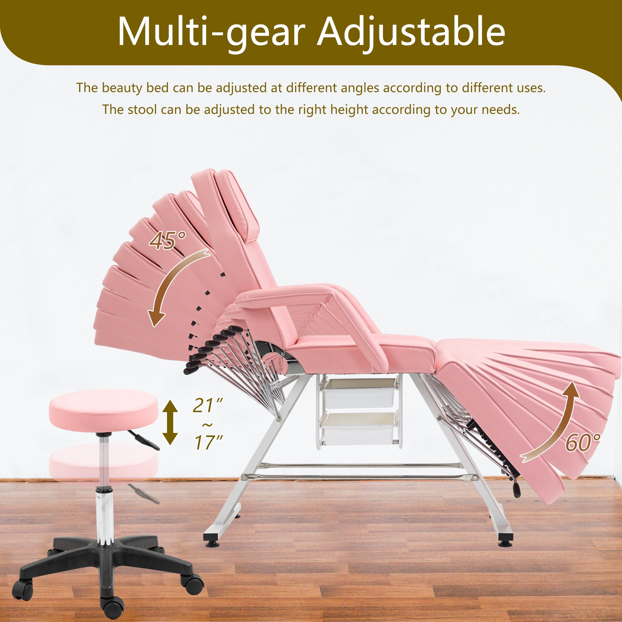 Miniyam 72.7" x 24.4" x 27.6" 3-in-1 Massage Bed & Tattoo Chair – 2 Trays, Hydraulic Stool, Adjustable 3 Sections – for Facial, Beauty, Barber – Pink