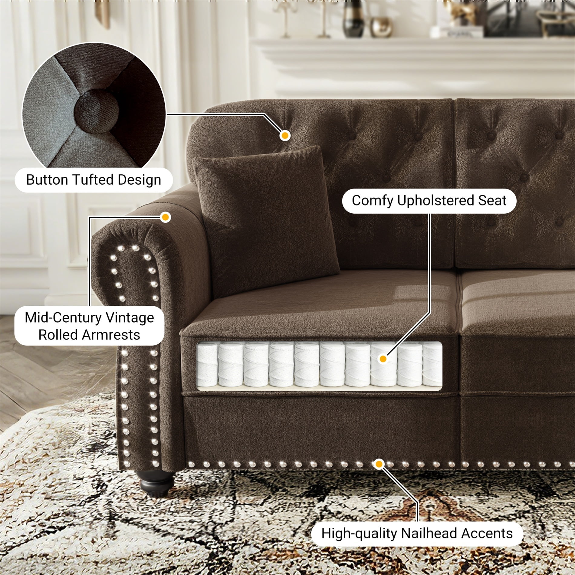 Alvantor 83" Cloud sofa with Ottman, Upholstered Velvet Couch with Nailhead Trim and Rolled Armrests, Mid-Century Modern Sofa for Living Room Brown