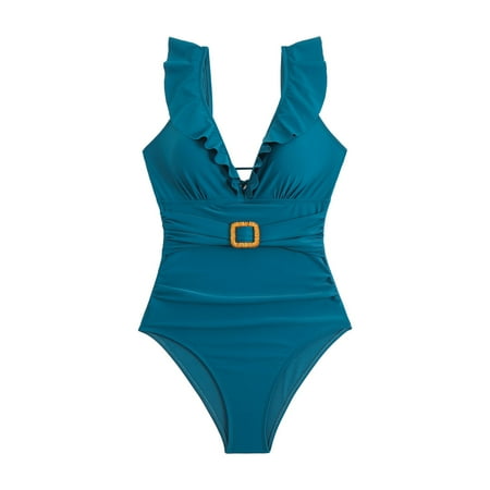 Xiangyun Tummy Control Swimsuits for Women Swim Suits for Women 2025 One Piece Swimsuit Women Womens Holidays Summer V Neck Solid Casual Swimsuit Bikini One Piece Thong Swimsuit Women Navy L