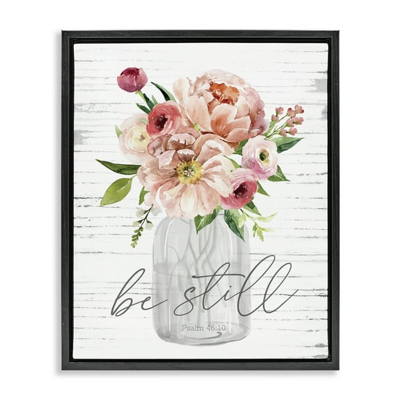 Stupell Industries Pink Be Still Bouquet Religious Painting Black Floater Framed Canvas Art Print Wall Art, 17 x 21