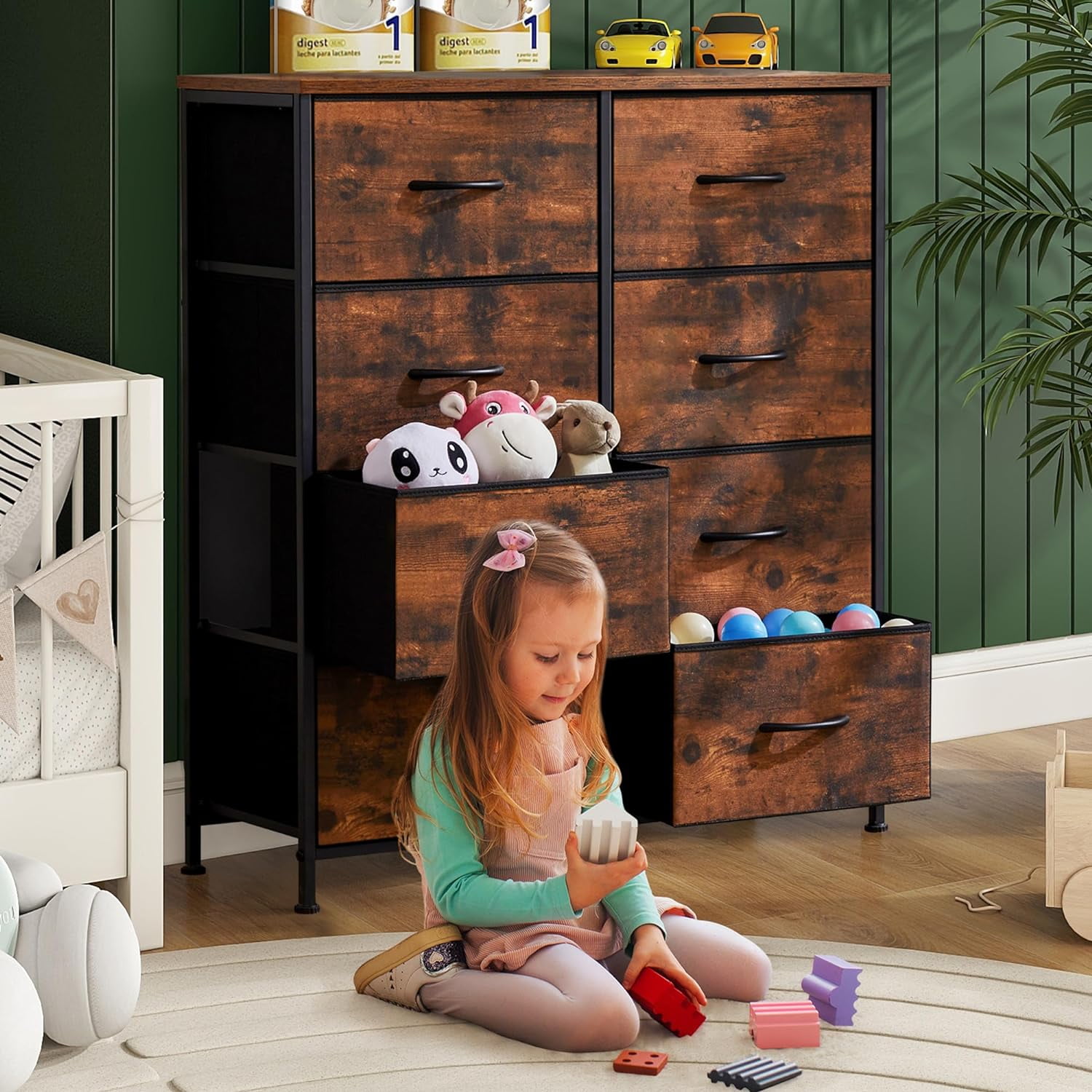 8 Drawer Dresser, Tall Chest Of Drawers Nightstand Storage Tower Storage Dresser Fabric Dresser With Wood Top for Living Room, Bedroom, Hallway, , Rust