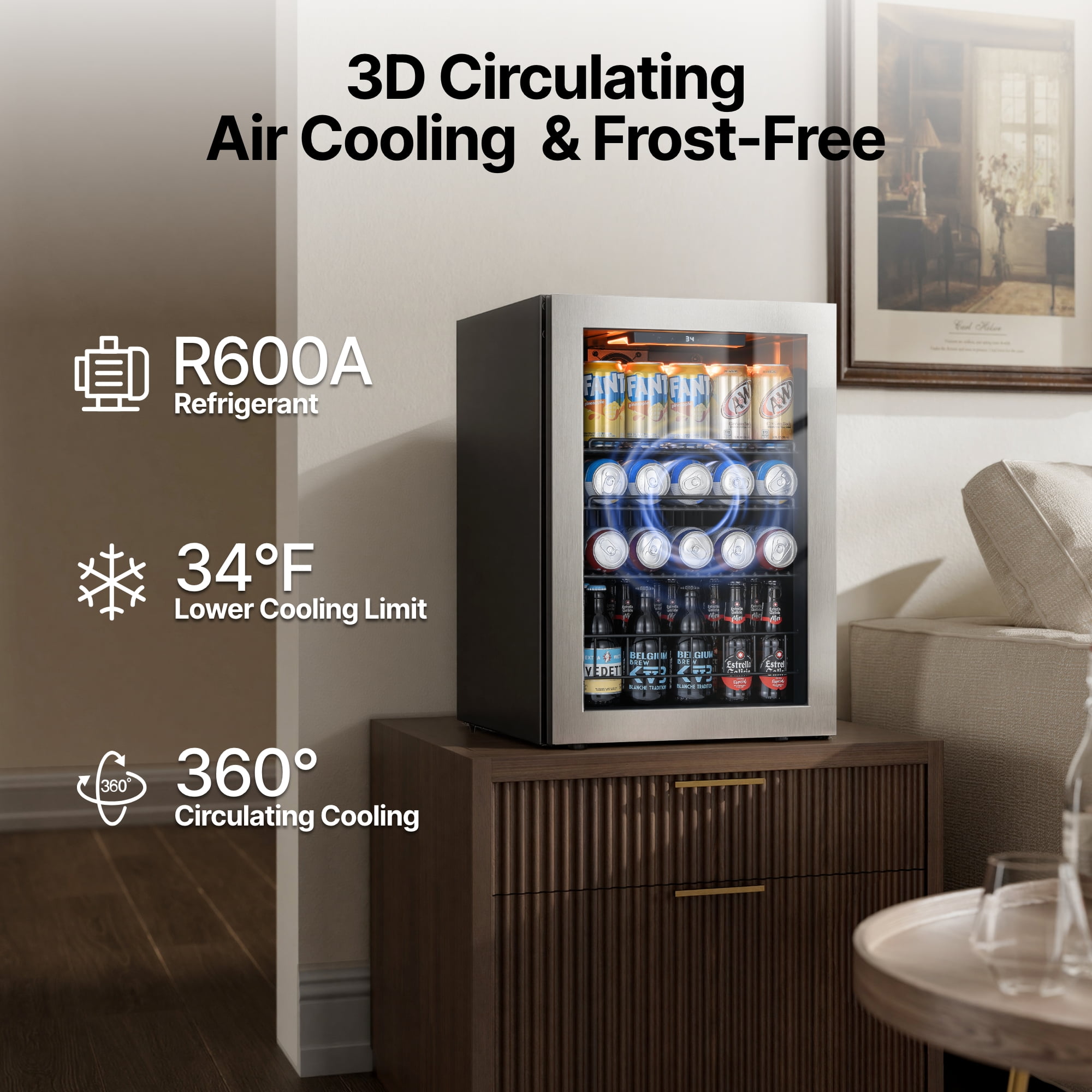 Ca'Lefort Beverage Refrigerator Cooler, 85-95 Can Freestanding Beverage Fridg,Mini fridge with Glass Door for Home/Bar/Office