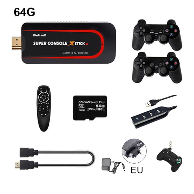 Super Console X Stick Mini consola de videojuegos con salida 4K, emulador de juegos WiFi con gamepads duales, 64G, enchufe de la UE Eigraketly EL003451-01B