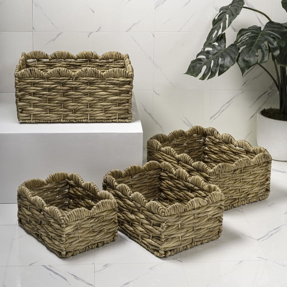 happimess Coral Rustic Cottage Handwoven Water Hyancinth Scalloped Edge Nesting Storage Baskets, Natural (Set of 4)