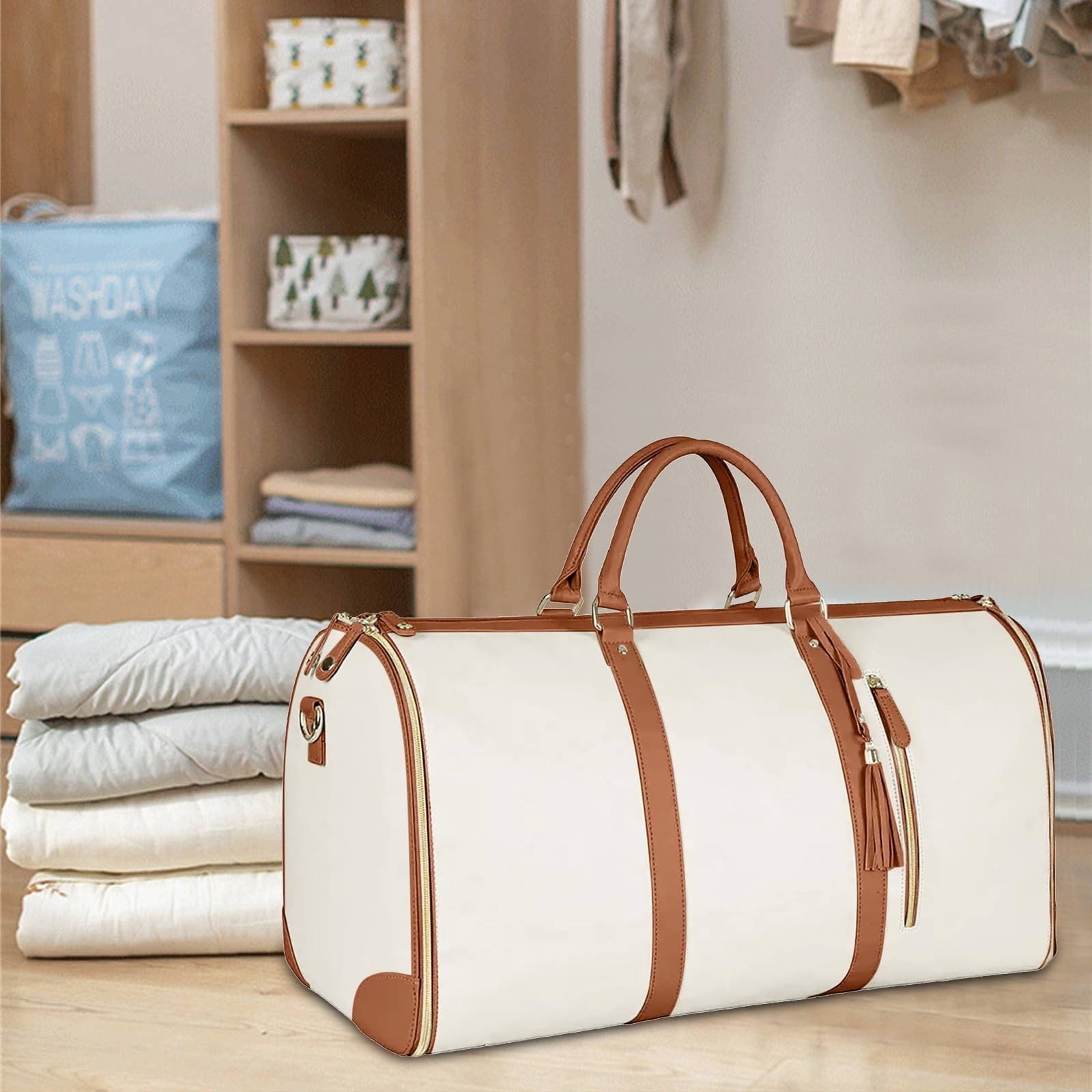 TERGAYEE Carry On Garment Bag,Leather Convertible Garment Duffle Bags for Travel Suit Bag for Hanging Clothes Long Dresses Women's Day Gift for Her