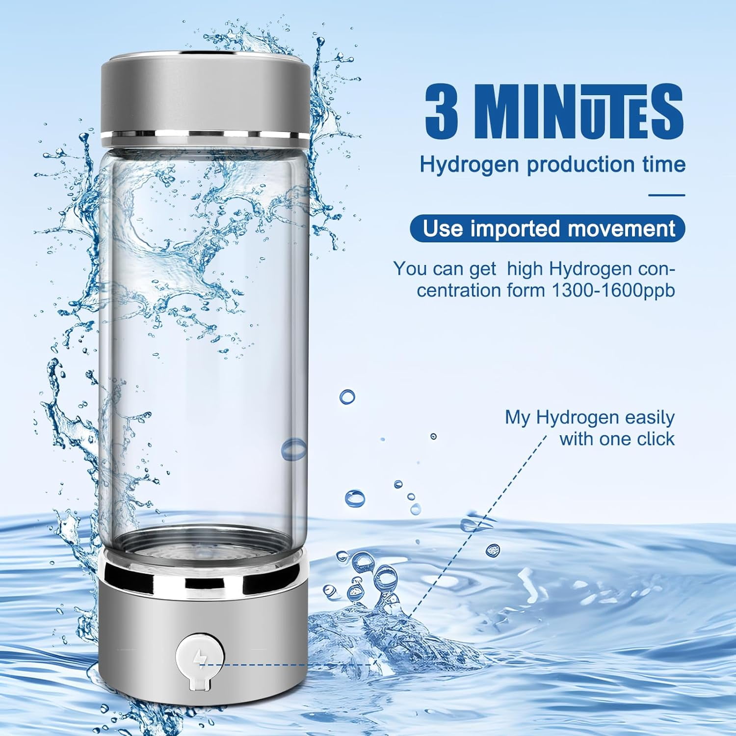 Upgraded Hydrogen Water Bottle with PEM SPE Technology, Portable Rechargeable Hydrogen Water Ionizer Machine, Hydrogen Water Generator for Home Travel, Gift for Men Women (Silver)