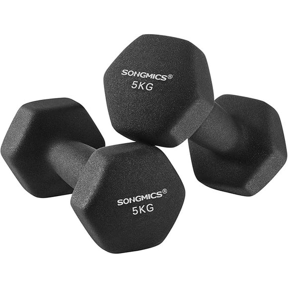 SONGMICS Set of 2 Dumbbells, 2 x 5 kg Hand Weights with Neoprene Coating, Hexagonal Dumbbells Pair, Home Workout, Fitness Training Exercise, Ink Black