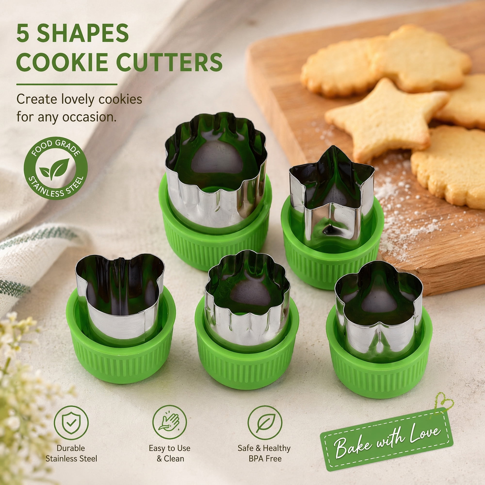 Unique Bargains 5Pcs Handheld Metal Biscuit Cutter Set with Handle Green-2