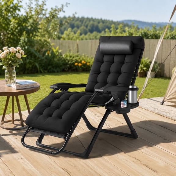 LIFERECORD Zero Gravity Chair, Folding Portable Outdoor Camping Chairs with Cup Holder and Removable Cushion for Beach, Camping Sports, Patio, Swimming Pool, Black