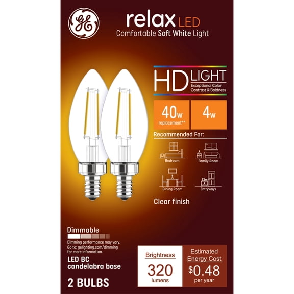 GE Relax HD B11 LED Light Bulbs, Decorative Candle Bulbs, 40 Watt Replacement, Soft White (2 Pack)