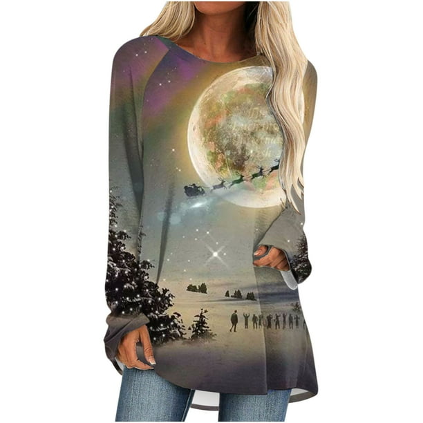 Tops de Otoño Para Mujer Tops Con Estampado de Navidad Moda Casual Manga Larga Cuello Redondo Blusa Suelta Camisas Odeerbi ODB181400