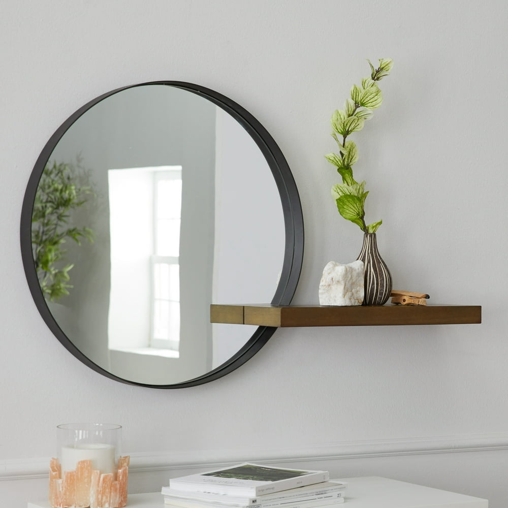 MoDRN Naturals Metal Framed Round Decorative Wall Mirror With Wood