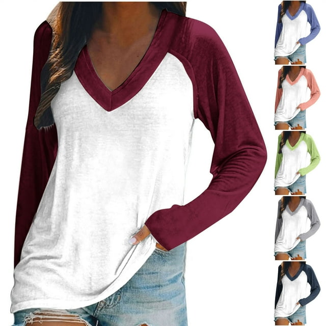 EQWLJWE Hauts à Manches Raglan pour Femmes Grande Taille à Blocs de Couleur Col en V Chemises à Manches Longues Raglan Chandails en Molleton Décontractés d'Automne Hauts à Manches Raglan de Vacances