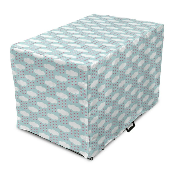 Hearts Dog Crate Cover, Pattern of Clouds with Hearts Hanging Retro Style Layout, Easy to Use Pet Kennel Cover Small Dogs Puppies Kittens, 7 Sizes, Pale Blue Pink and White, by Ambesonne