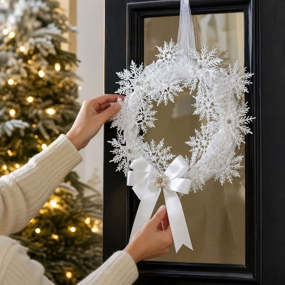 Aonerit Christmas Snowflake Wreath, Artificial White Decoration, Living Room Door Hanging, Holiday Ornament, Xmas Setup Accent