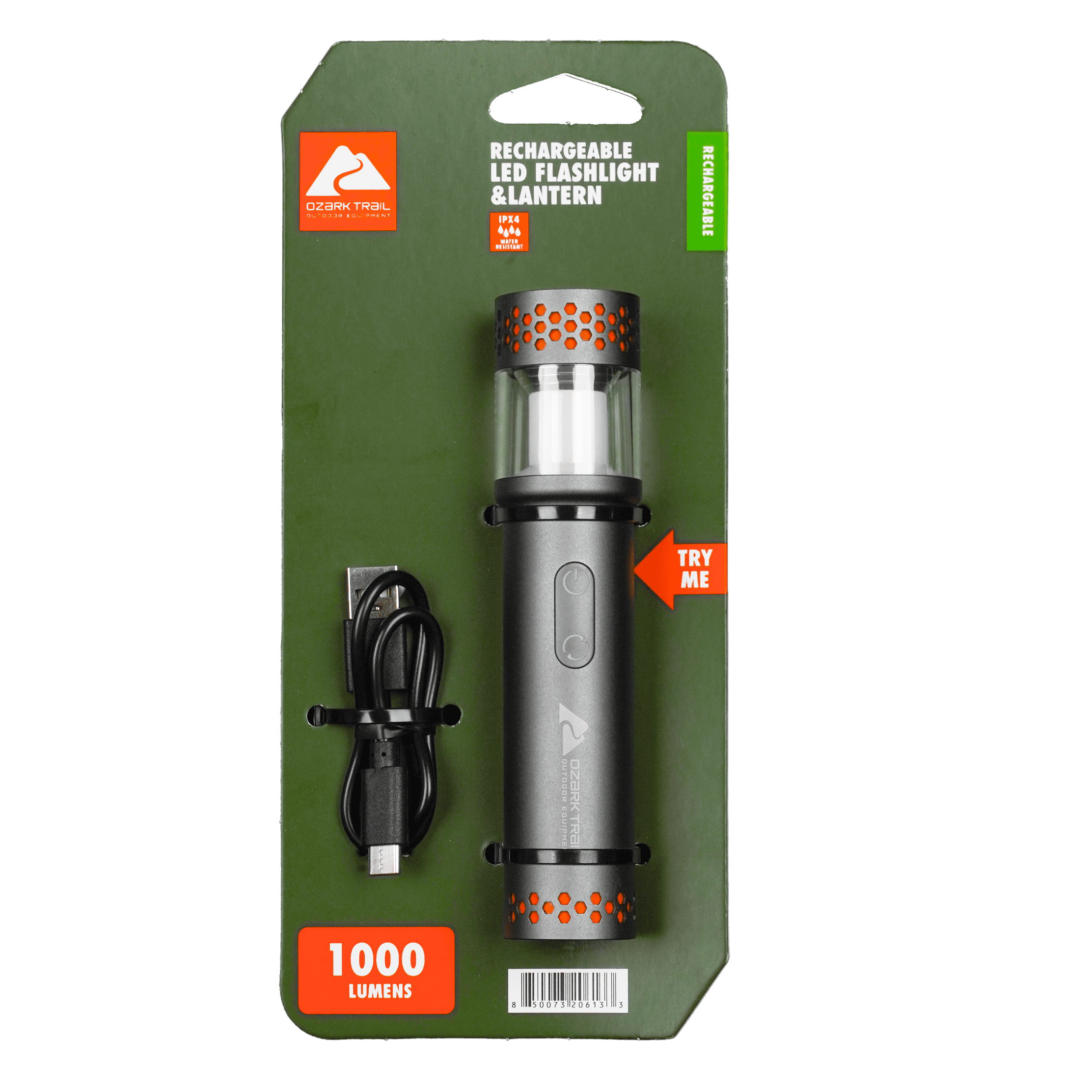 Ozark Trail Rechargeable LED Pocket Flashlight and Lantern, 1000 lm, IPX5 Water-Resistant, Black & Orange