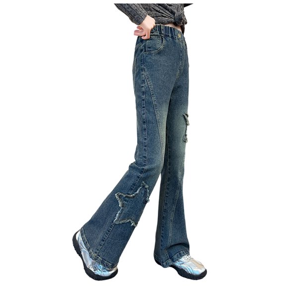 Low Rise Jeans Girls Wide Leg Jeans Large Front Patch Pockets Washed Denim Pants | Retro girls wide leg denim pants with distinct large front patch pockets, building a perfect versatile casual outfit