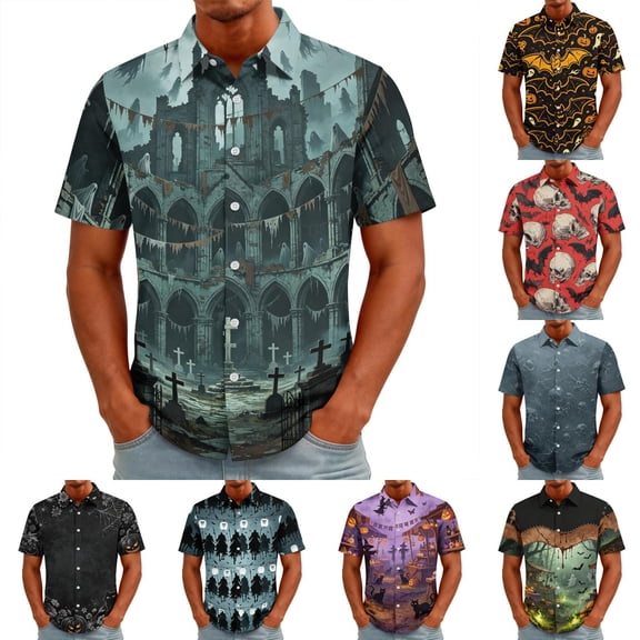 Halloween Shirts for Men Pumpkin Castle Graphic Short Sleeve Fall Tees Skeleton Print Collared Vintage Horror T Shirt 2XL
