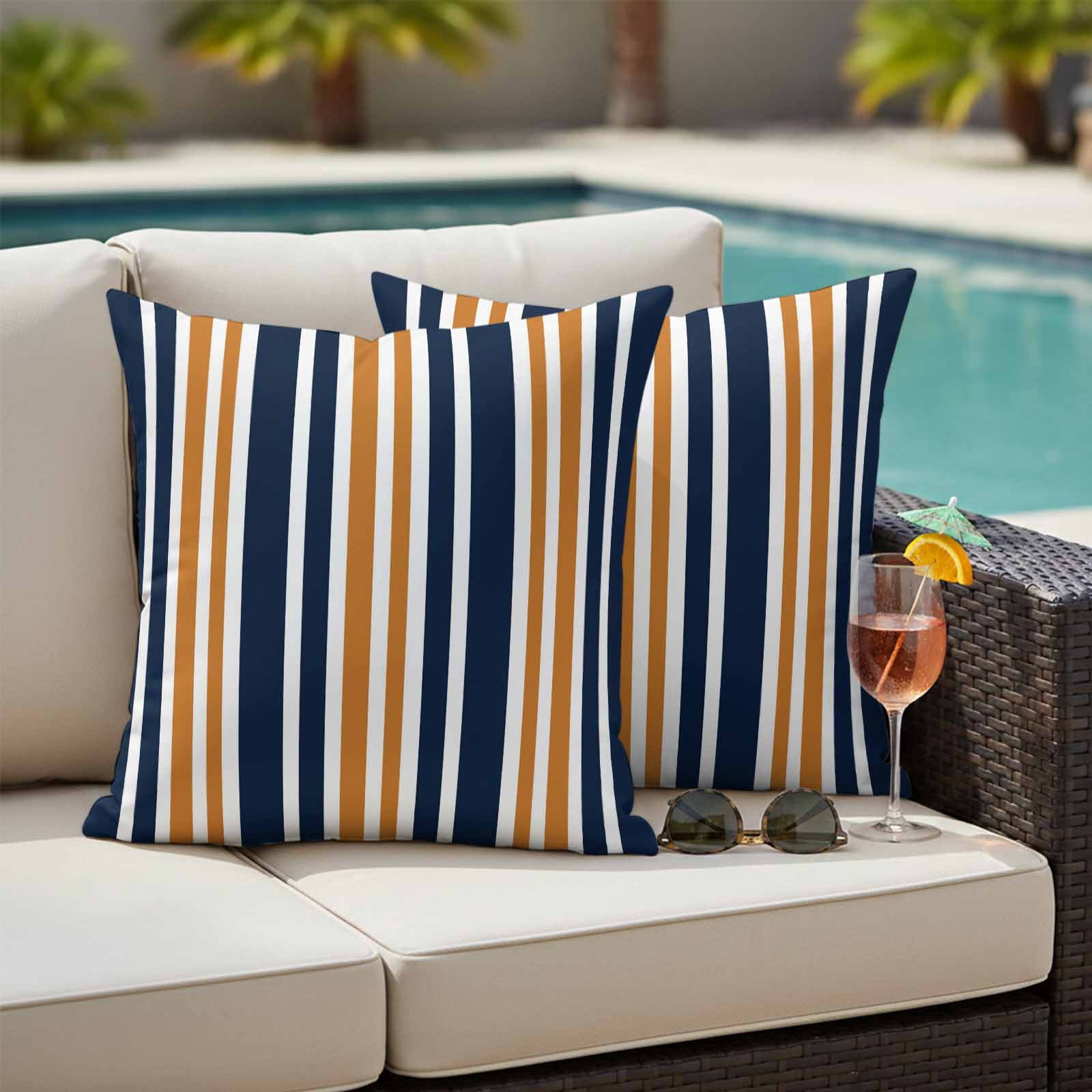 Orange Navy Blue Striped Outdoor Waterproof Pillow Covers, Modern Minimalist Ombre Lines Decorative Square Throw Pillowcase Sofa Cushion Sham for Patio/Couch/Chair, 26"x26" 2 Pack