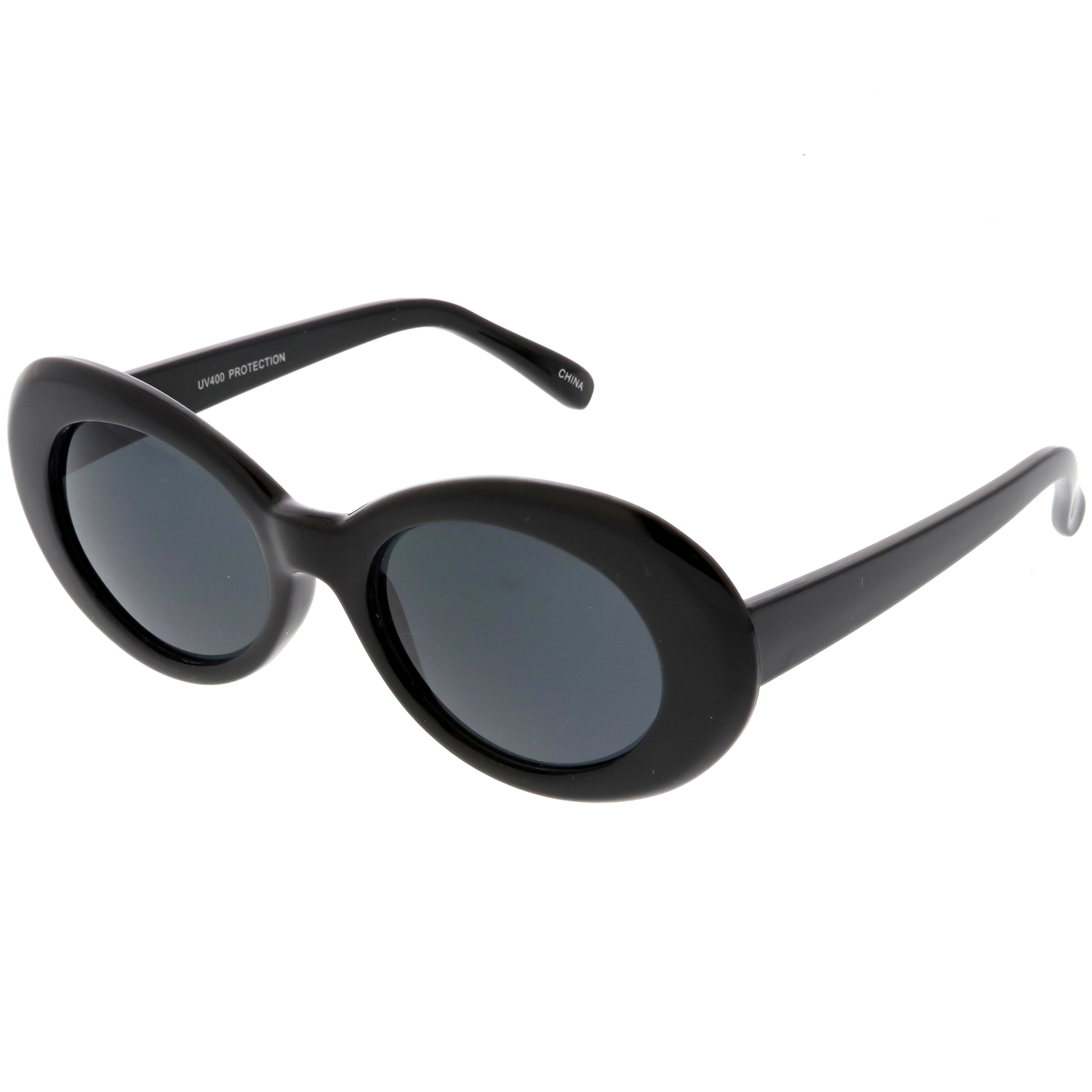 Large Retro Mod Oval Sunglasses Thick Frame Wide Arms Neutral Colored Lens  53mm (Black / Smoke)