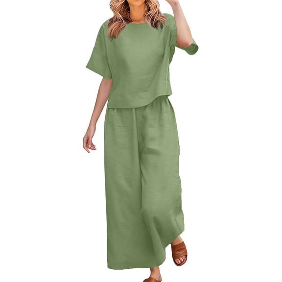 Kelon Cotton Linen Two Piece Sets for Women Summer Spring Travel Vacation Outfits Short Sleeve Lounge Sets Wide Leg Pants, S