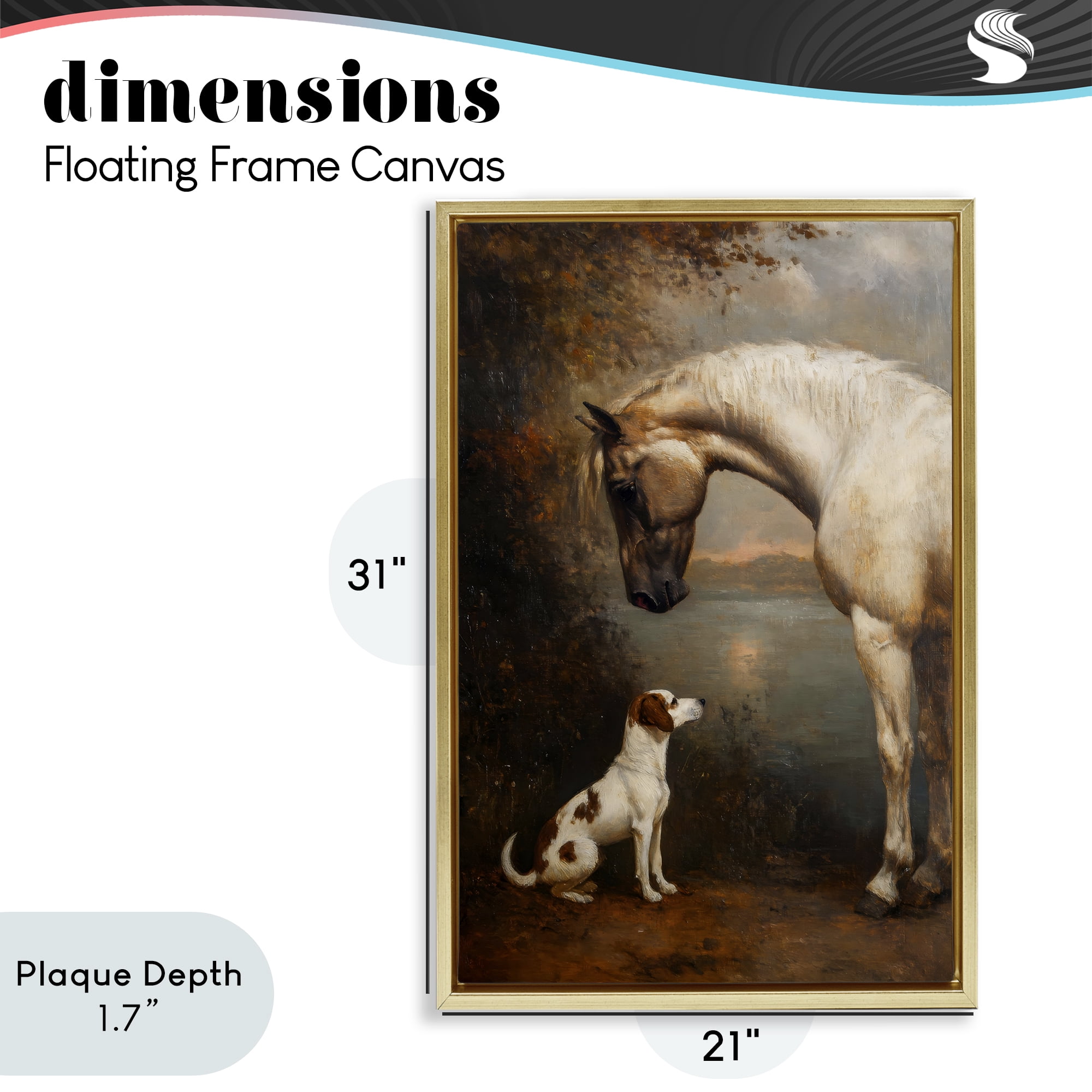 Stupell Industries Hound & Horse Vintage View Gold Framed Floater Canvas Wall Art, design by Petal Prints Design